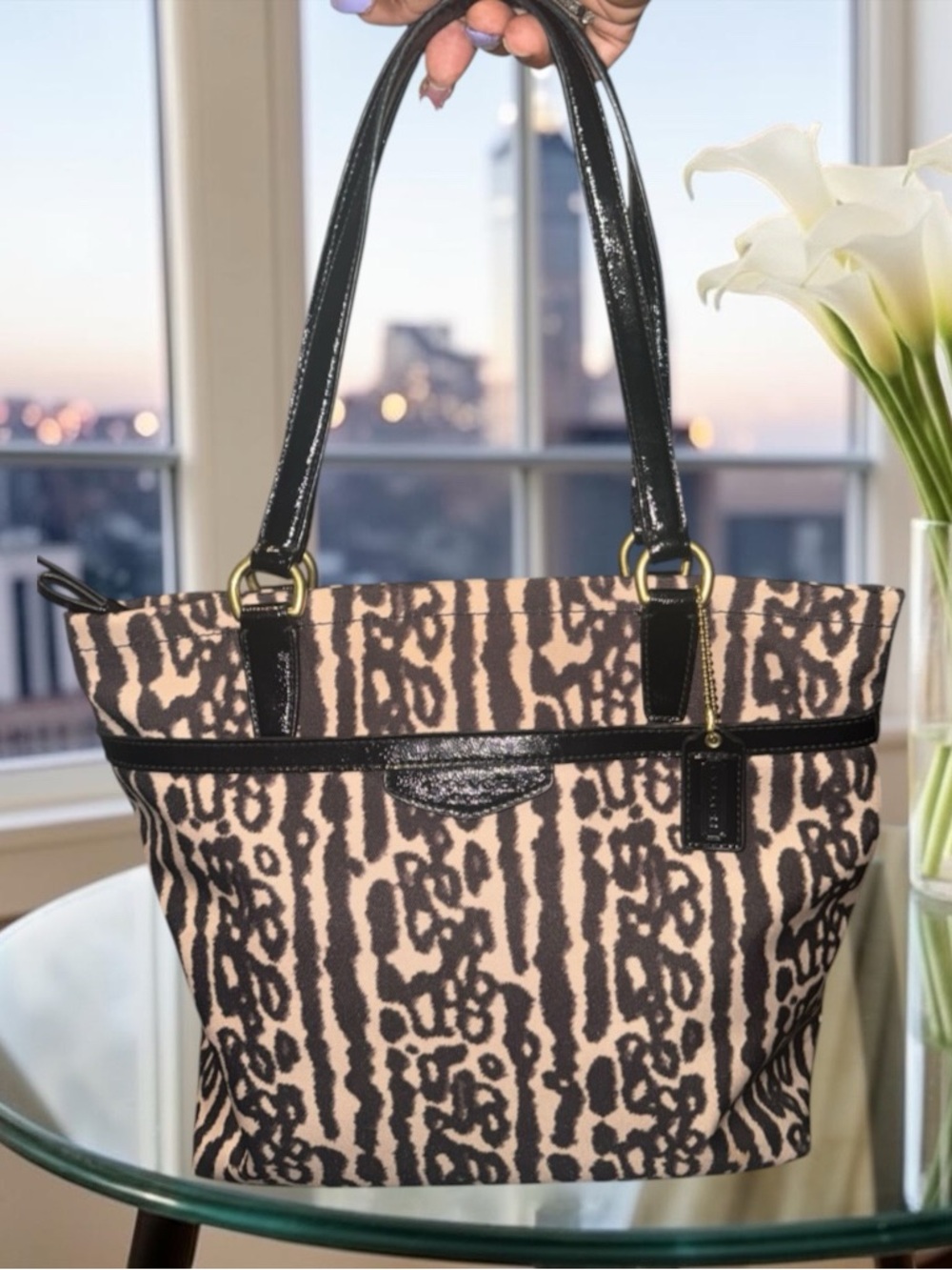 Coach Taylor 2014 Tote Bag in Leopard Ocelot Print with Black Leather Trim